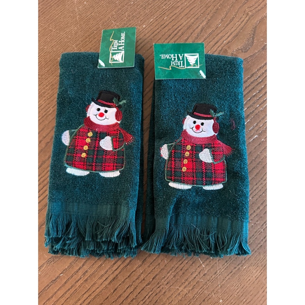 2 VTG Green Kmart Snowman Christmas‎ Winter Fingertip Towels Trim A Home NOS
